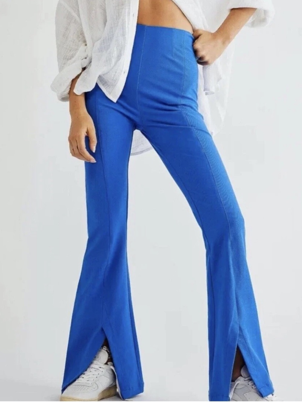 Free People Real Deal slit flare pants bell bottom high waisted blue Sz XL
